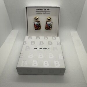 BaubleBar Calculator Drop Earrings Gold Heart Top Multicolor Stones NWT